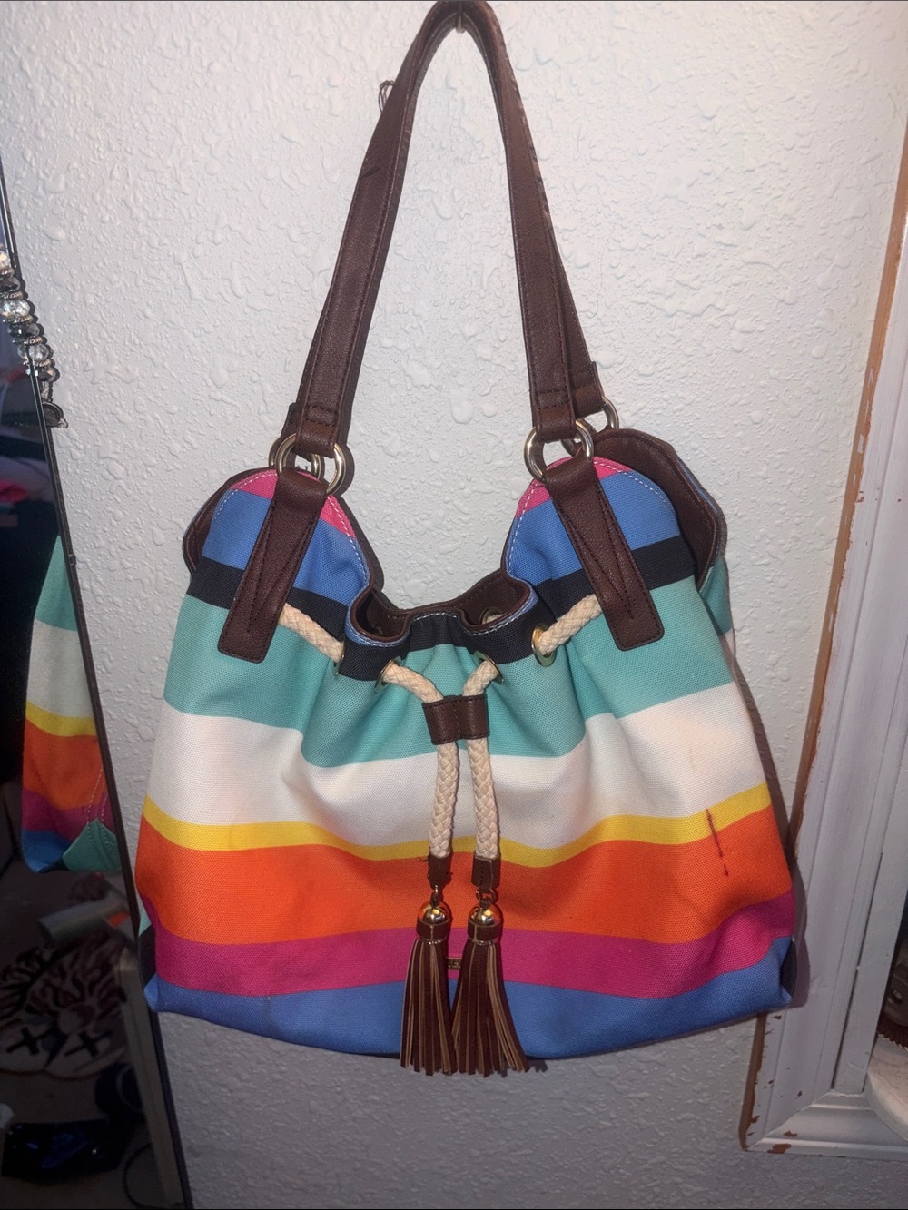 Liz Claiborne Multicolor Striped Shoulder Bag with Brown Trim